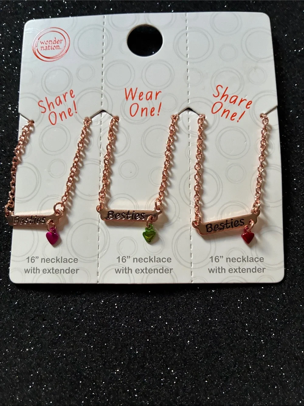 wonder nation Rose Gold Besties Necklace Set with Pink, Green, and Red Hearts